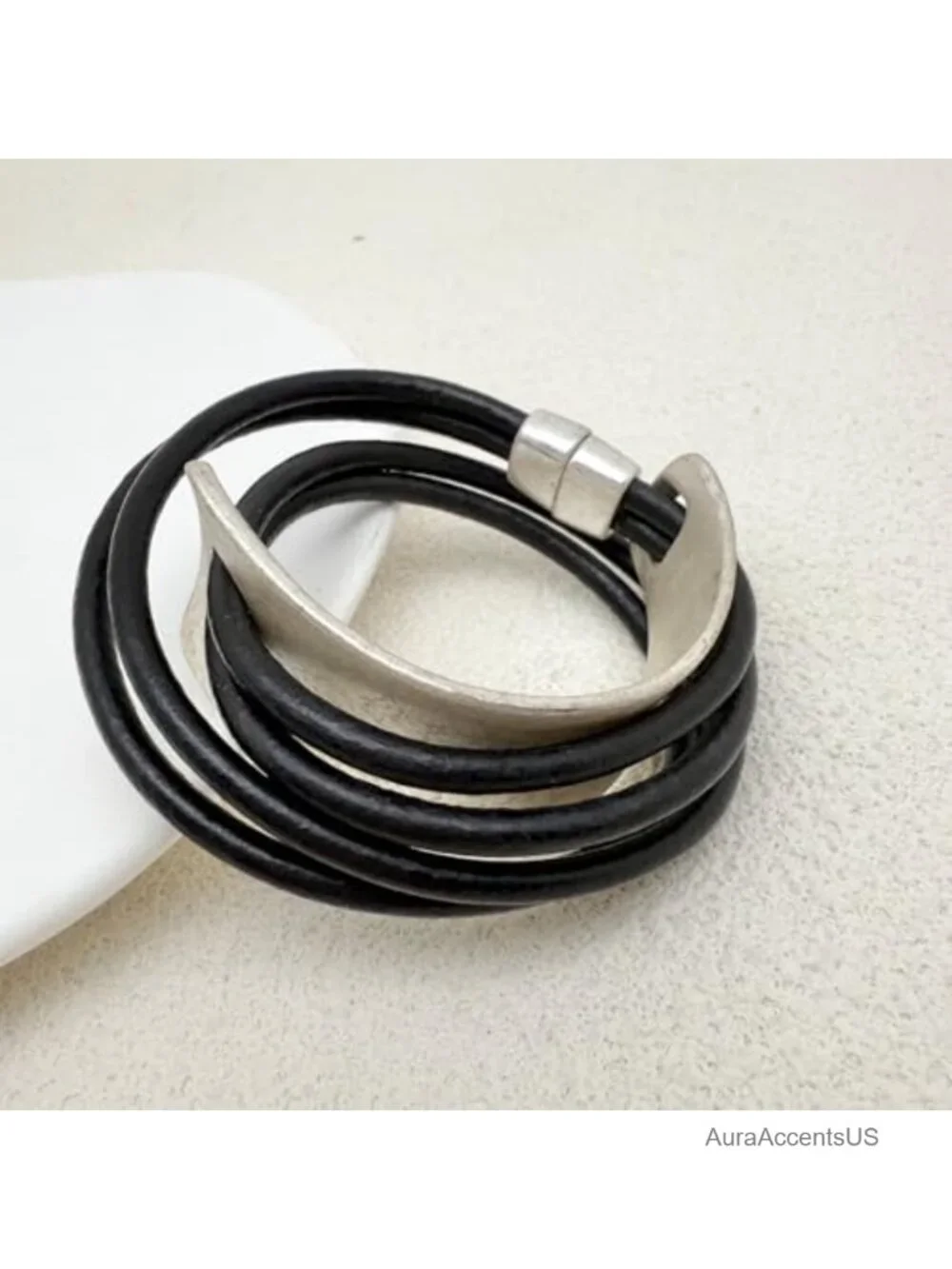 Handmade Leather Wrap Bracelet for Women Adjustable Boho Antique Silver Bangle
